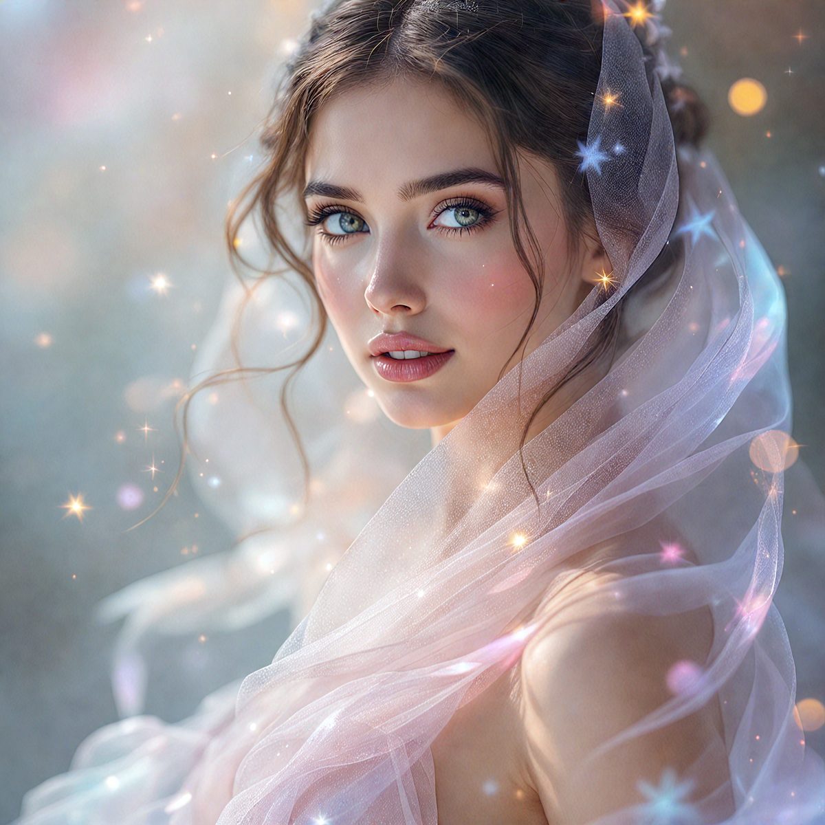 The primary subject of the image is a woman with long hair, wearing a veil and a pink dress. She is looking at the camera with a smile on her face. The setting is a brightly lit room, and the visual style is a combination of a photo and digital art. The colors in the image are predominantly pink and white, creating a warm and elegant atmosphere.